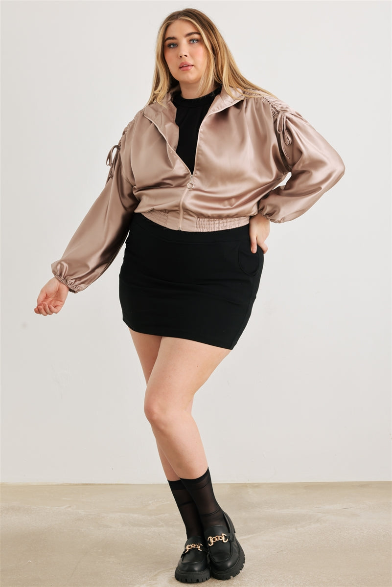 Blouson aviateur court froncé à manches longues et fermeture éclair en satin Plus
