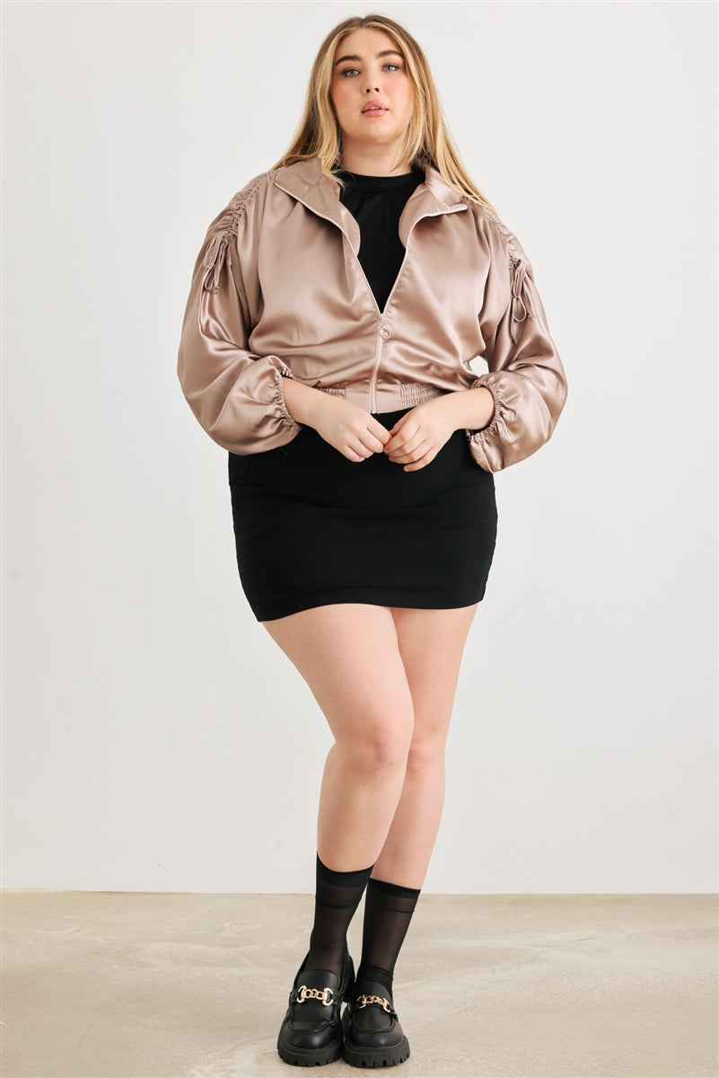Blouson aviateur court froncé à manches longues et fermeture éclair en satin Plus