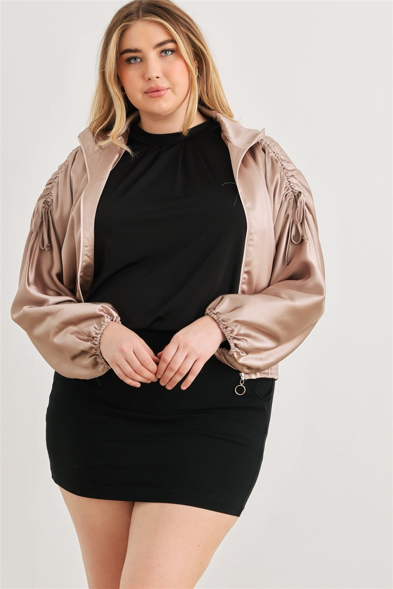 Blouson aviateur court froncé à manches longues et fermeture éclair en satin Plus
