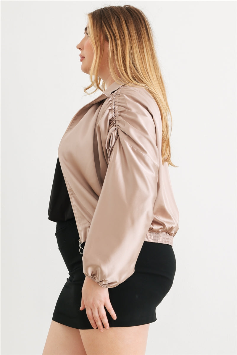 Blouson aviateur court froncé à manches longues et fermeture éclair en satin Plus