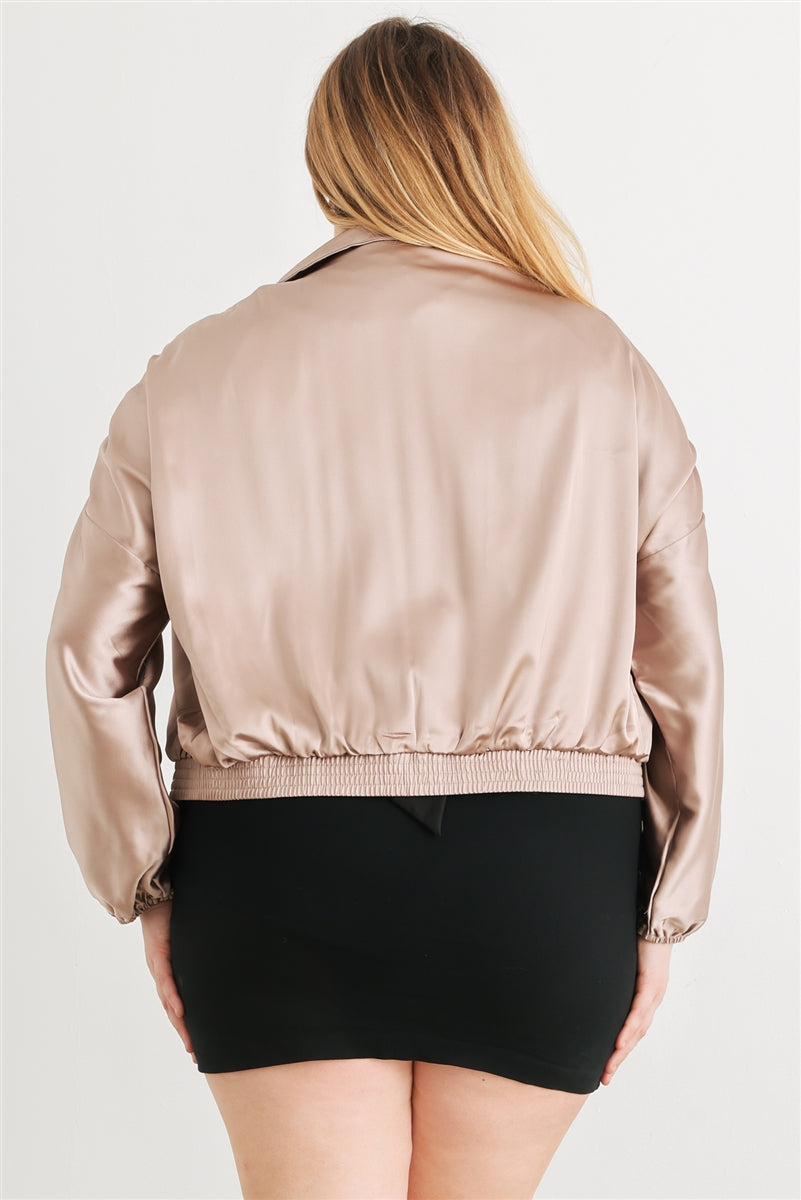 Blouson aviateur court froncé à manches longues et fermeture éclair en satin Plus