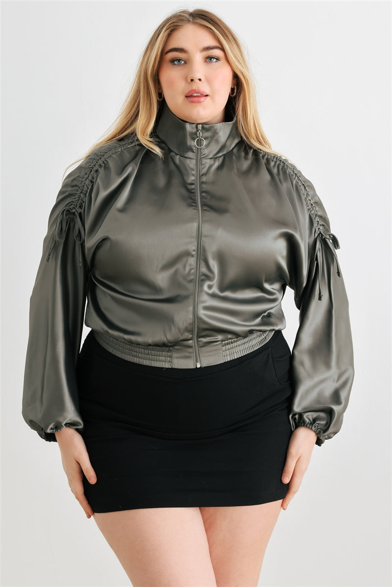 Blouson aviateur court froncé à manches longues et fermeture éclair en satin Plus
