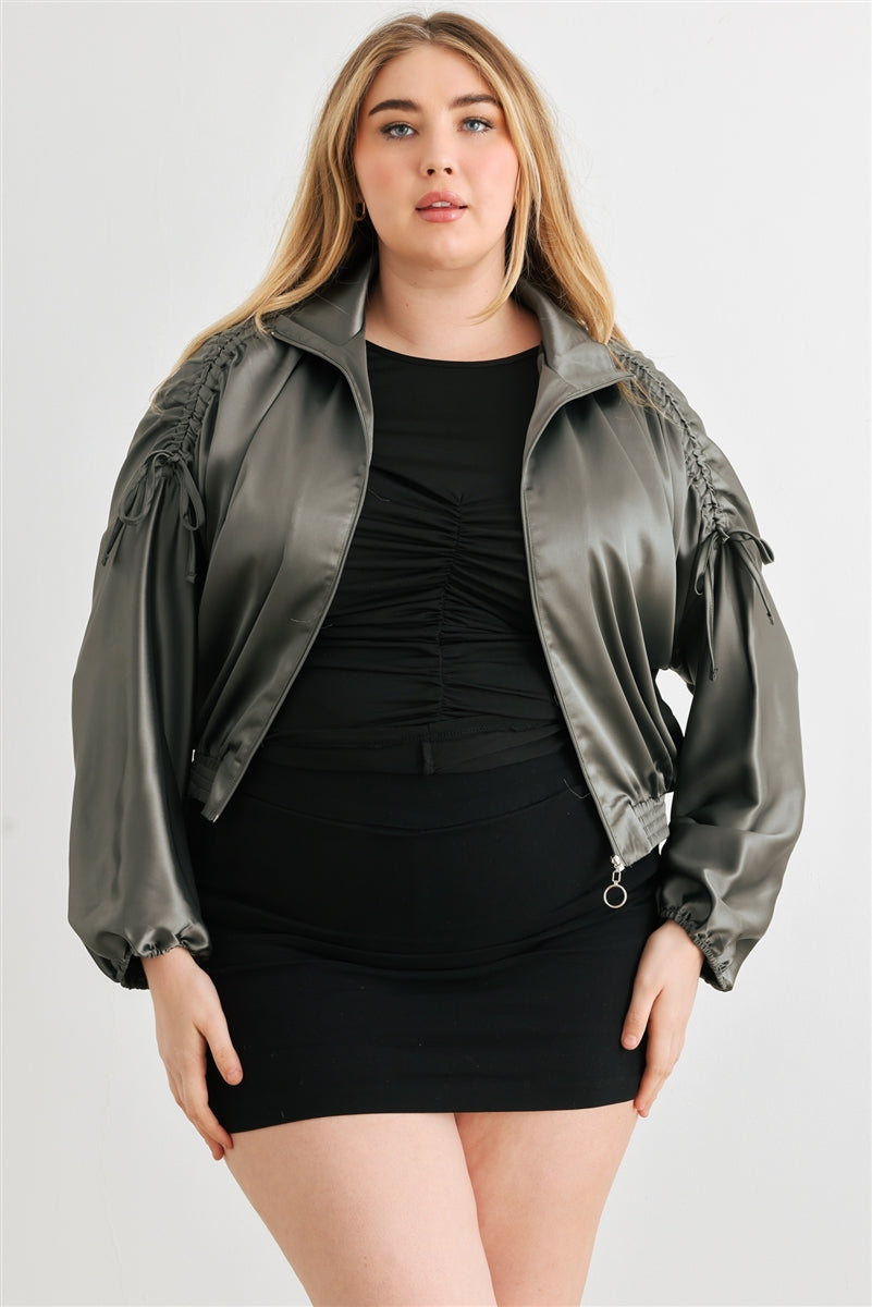 Blouson aviateur court froncé à manches longues et fermeture éclair en satin Plus