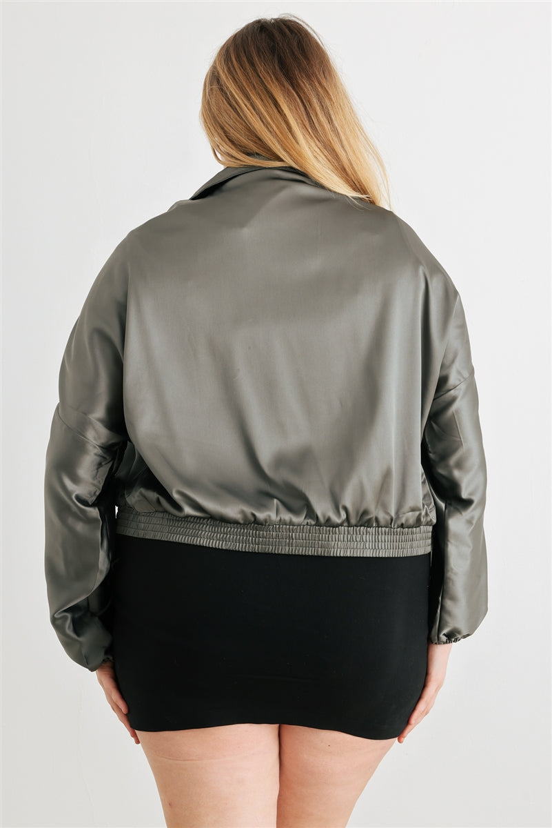 Blouson aviateur court froncé à manches longues et fermeture éclair en satin Plus