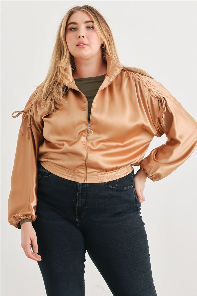 Blouson aviateur court froncé à manches longues et fermeture éclair en satin Plus