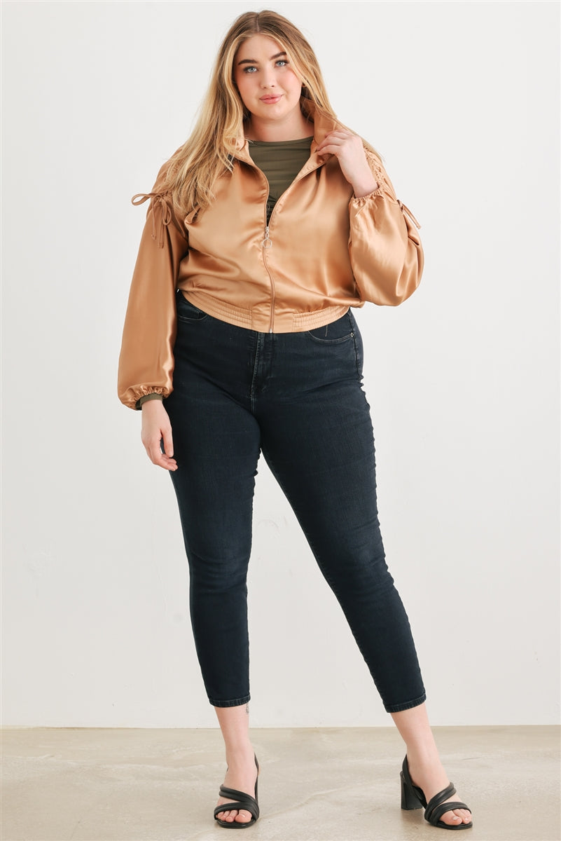 Blouson aviateur court froncé à manches longues et fermeture éclair en satin Plus