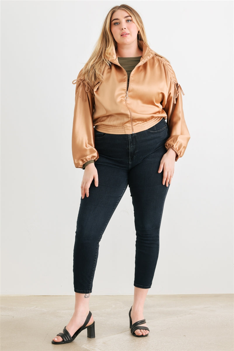 Blouson aviateur court froncé à manches longues et fermeture éclair en satin Plus
