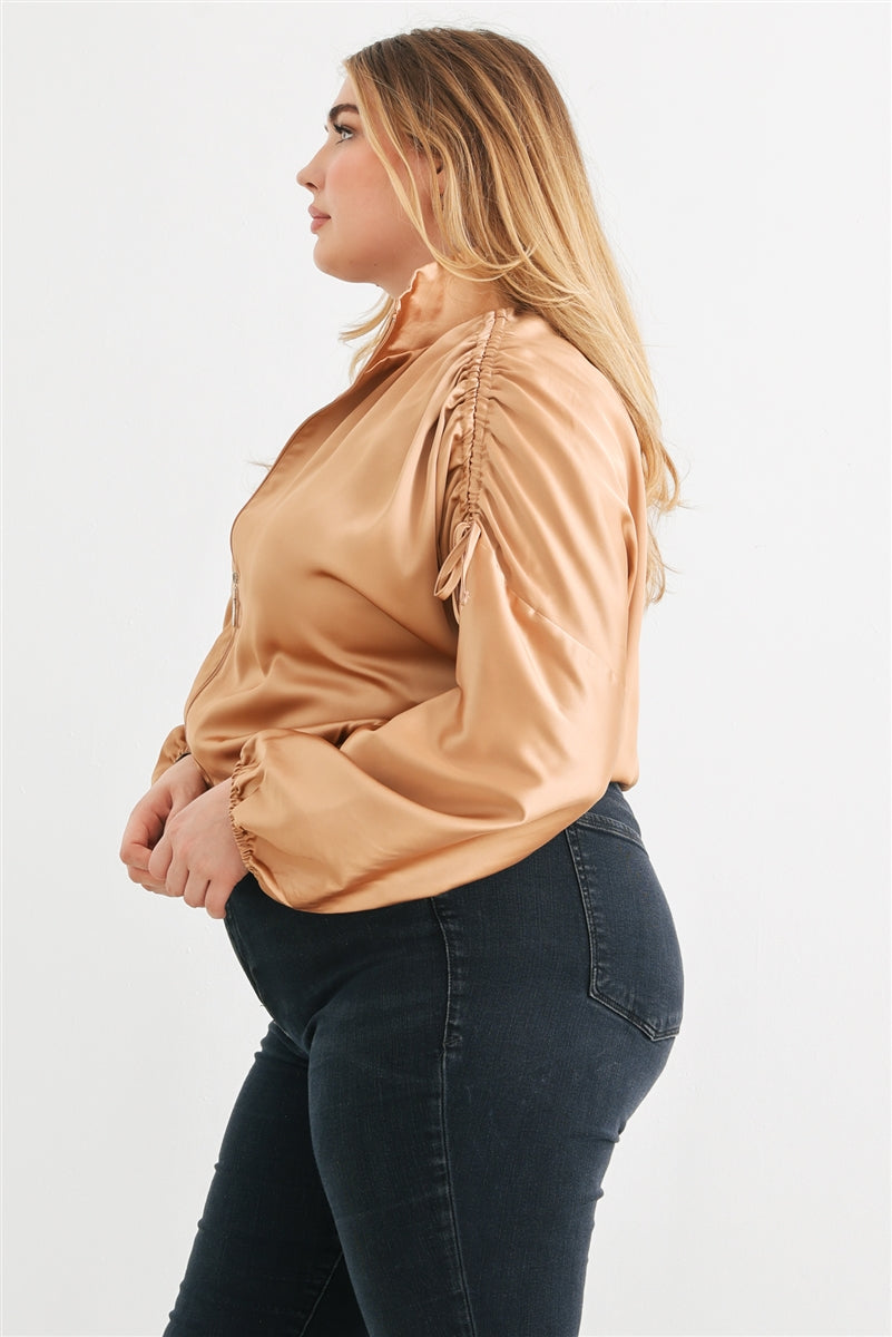Blouson aviateur court froncé à manches longues et fermeture éclair en satin Plus