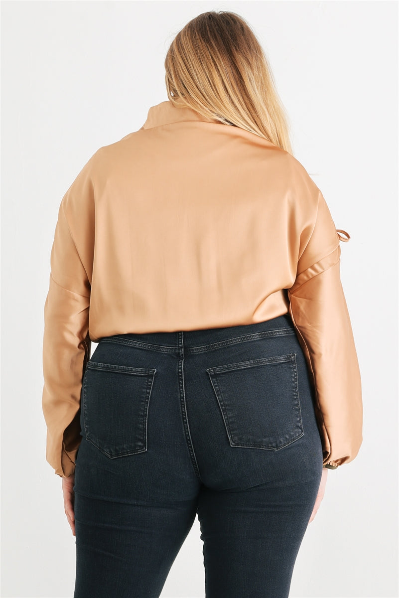 Blouson aviateur court froncé à manches longues et fermeture éclair en satin Plus