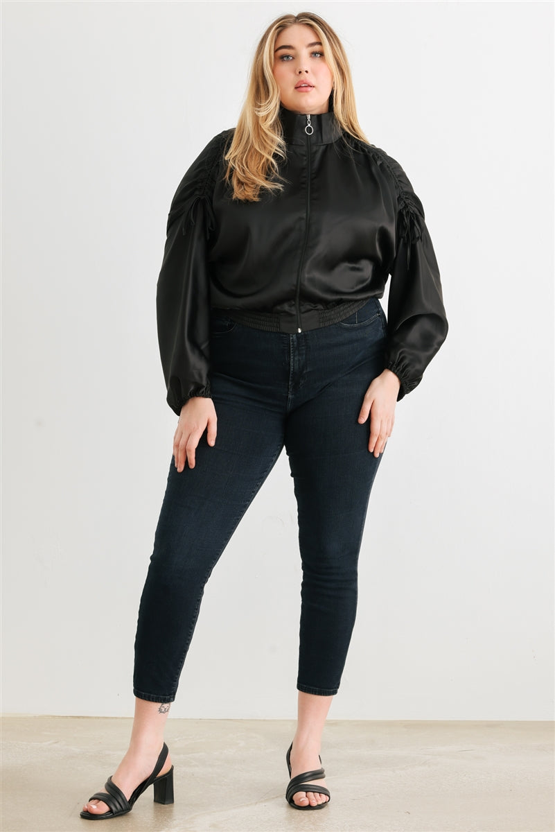 Blouson aviateur court froncé à manches longues et fermeture éclair en satin Plus