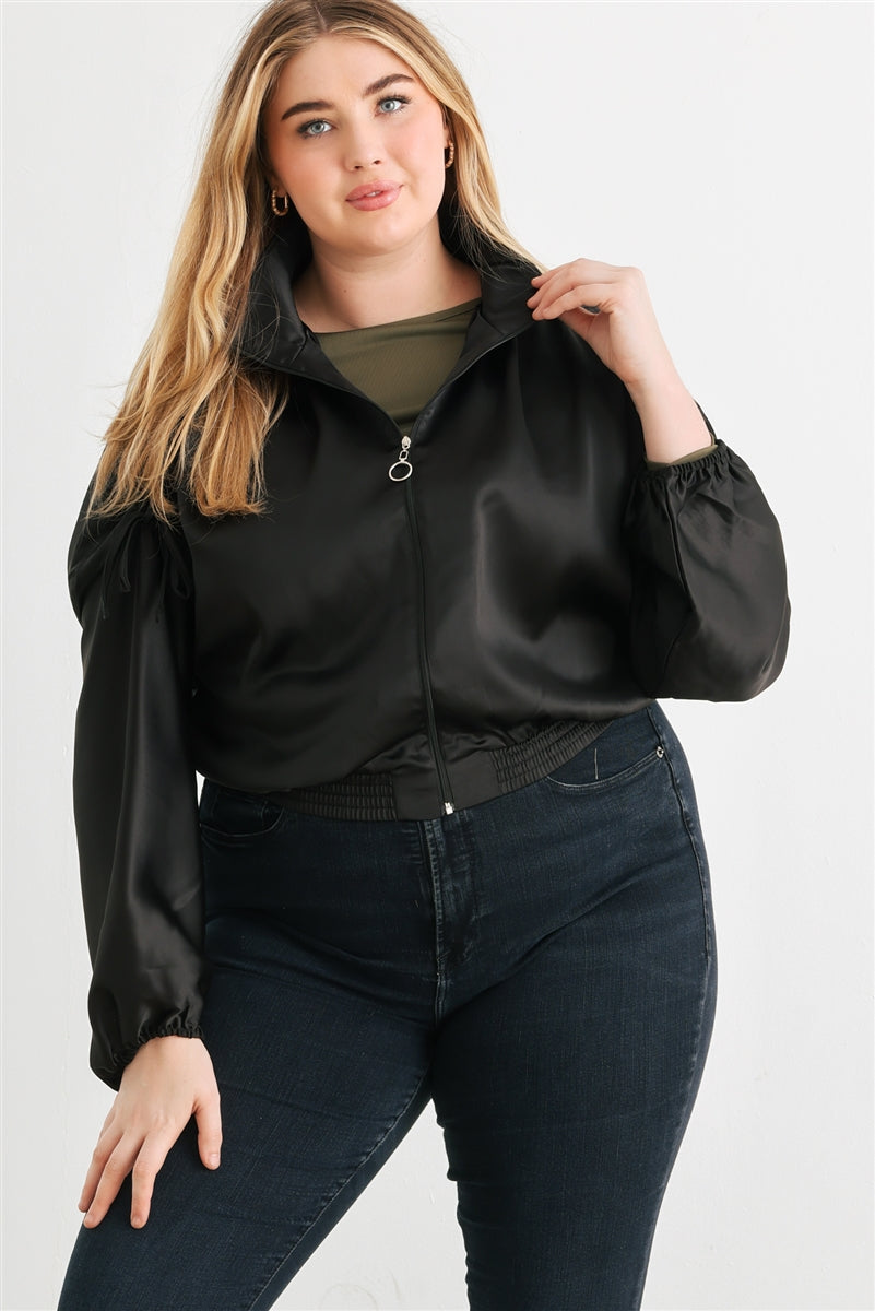 Blouson aviateur court froncé à manches longues et fermeture éclair en satin Plus