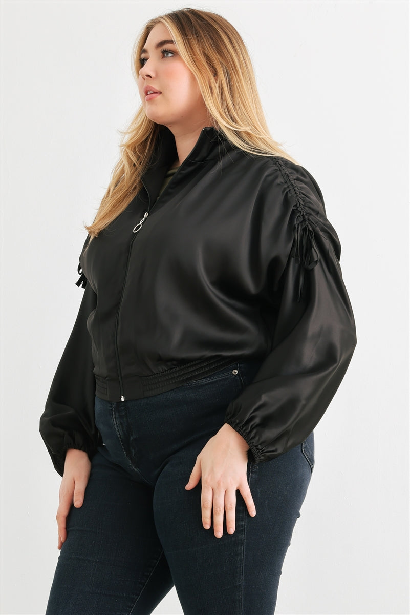 Blouson aviateur court froncé à manches longues et fermeture éclair en satin Plus