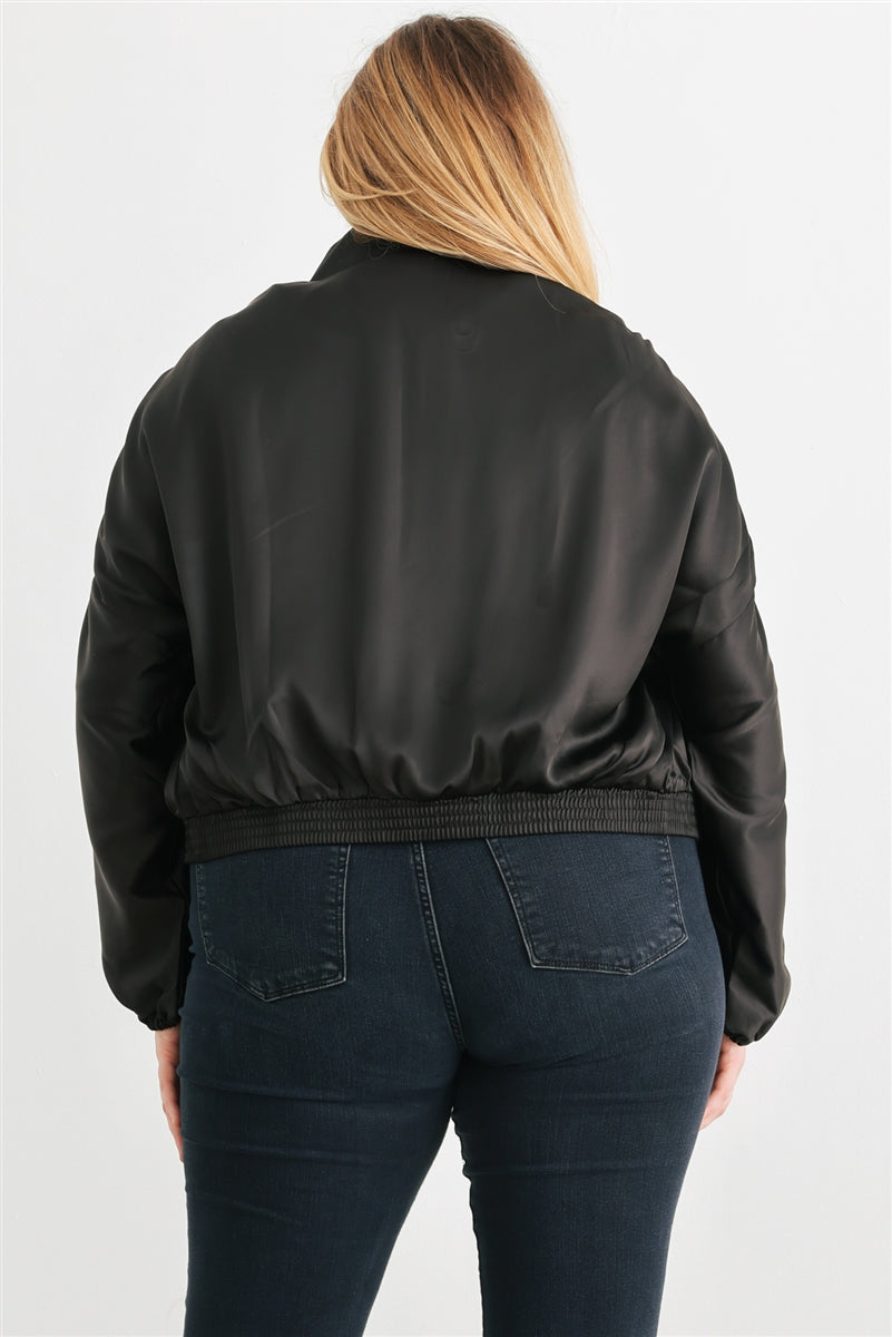 Blouson aviateur court froncé à manches longues et fermeture éclair en satin Plus