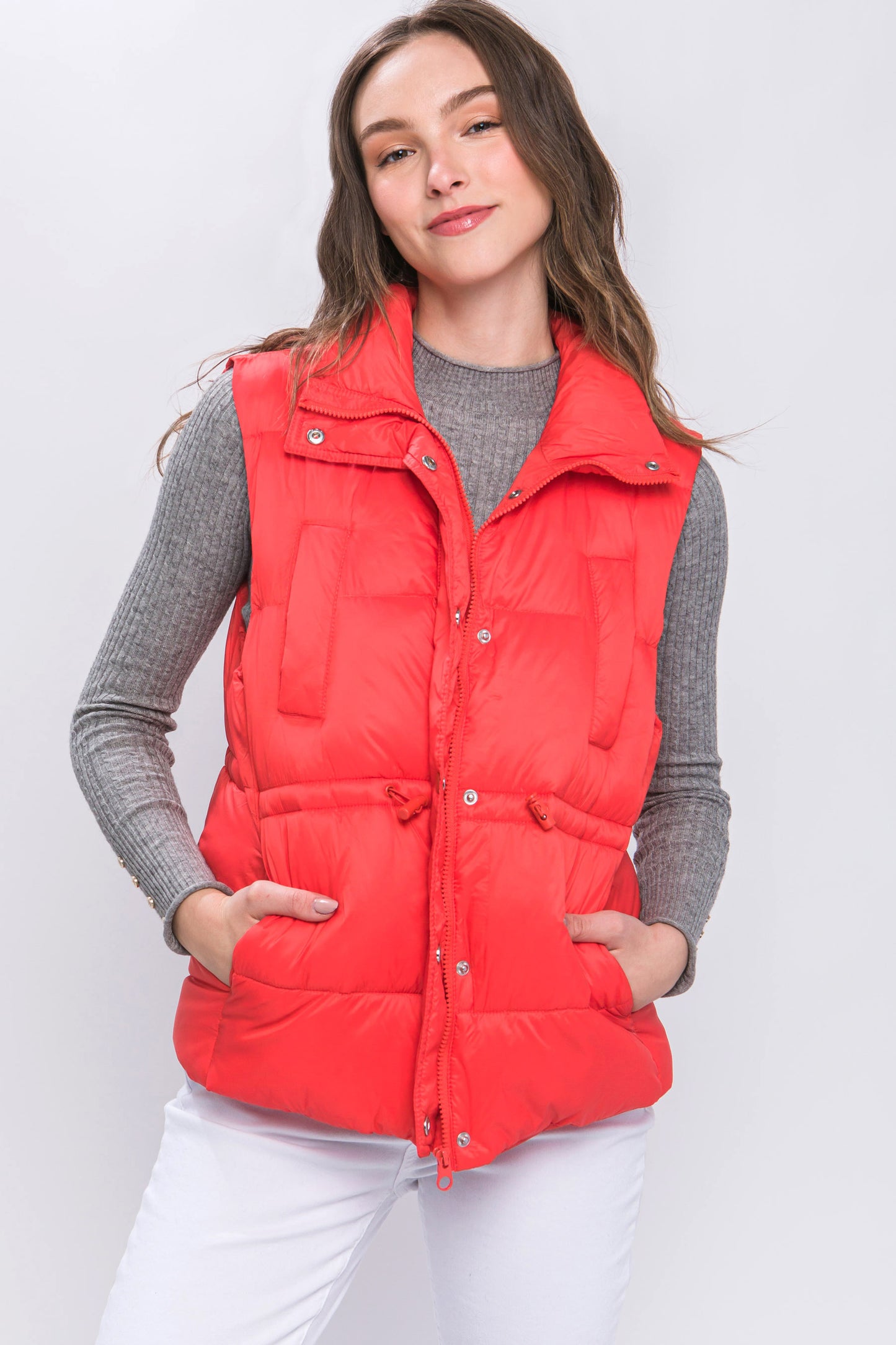Gilet doudoune boutonné zippé avec bascules à la taille (5 couleurs)