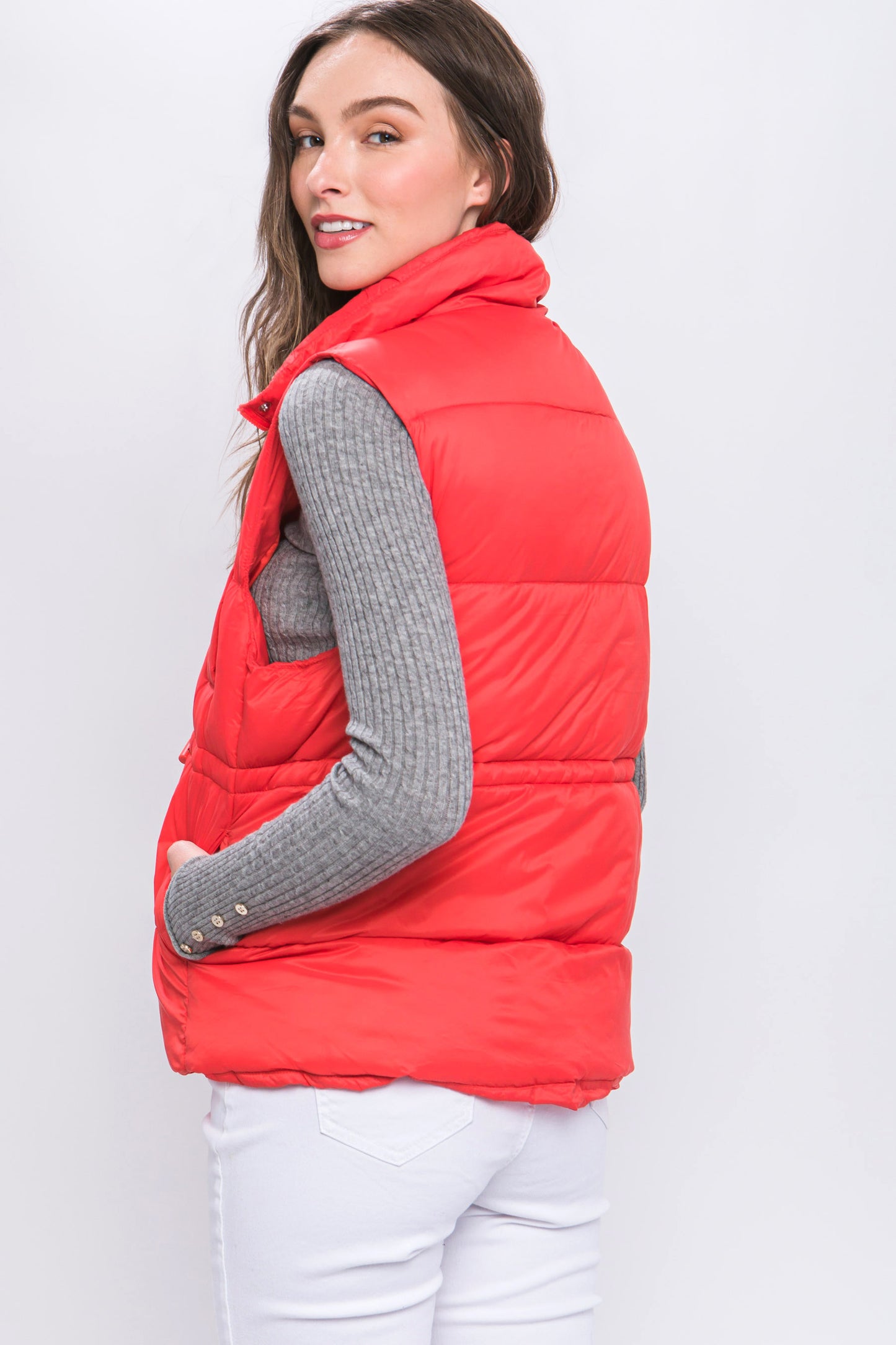 Gilet doudoune boutonné zippé avec bascules à la taille (5 couleurs)