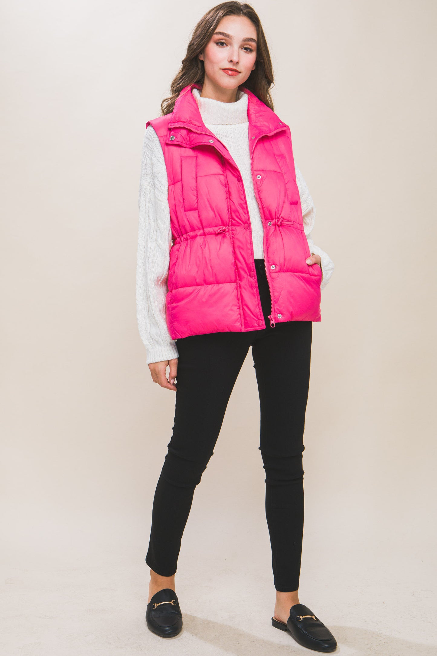 Gilet doudoune boutonné zippé avec bascules à la taille (5 couleurs)