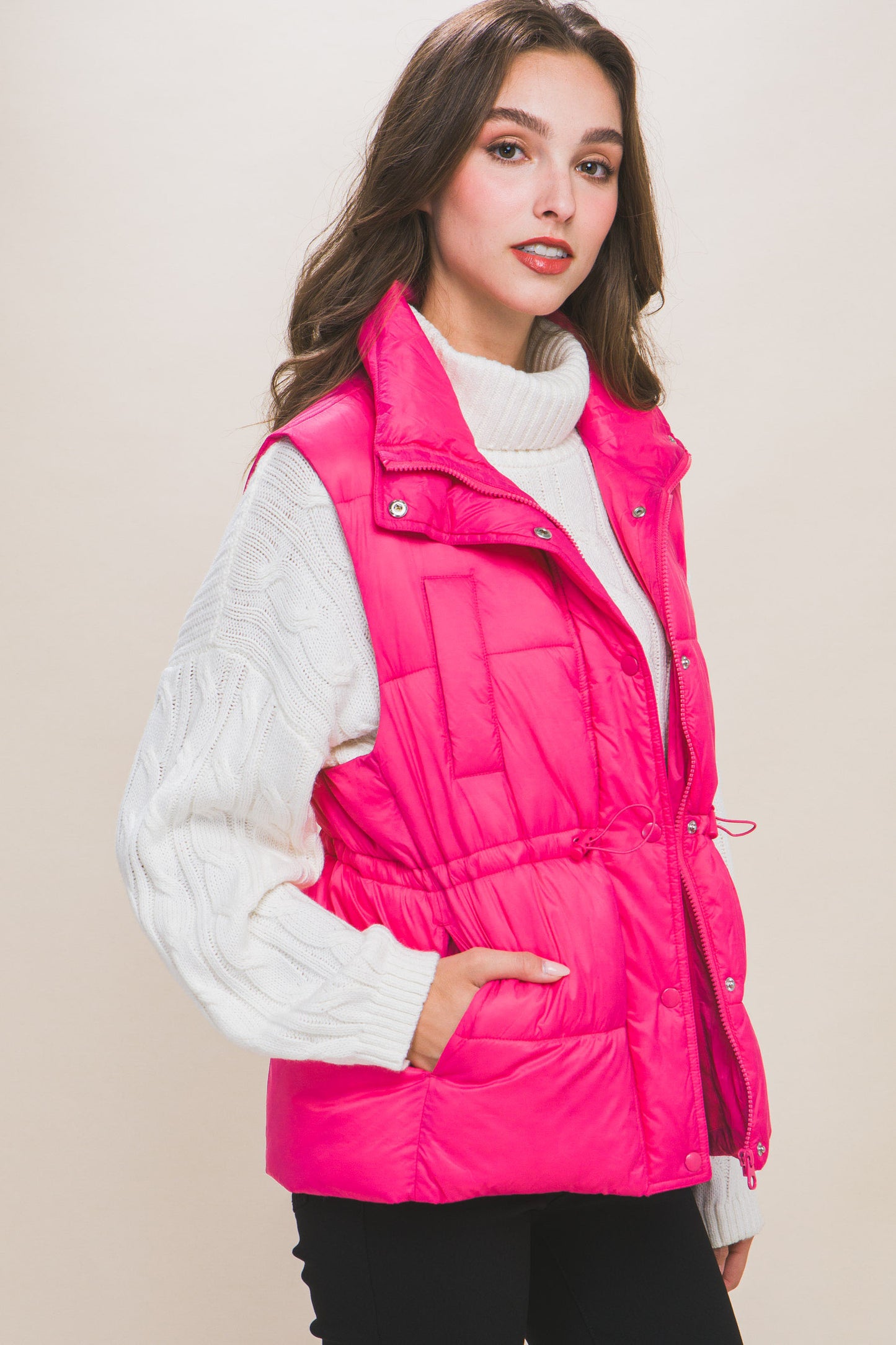 Gilet doudoune boutonné zippé avec bascules à la taille (5 couleurs)