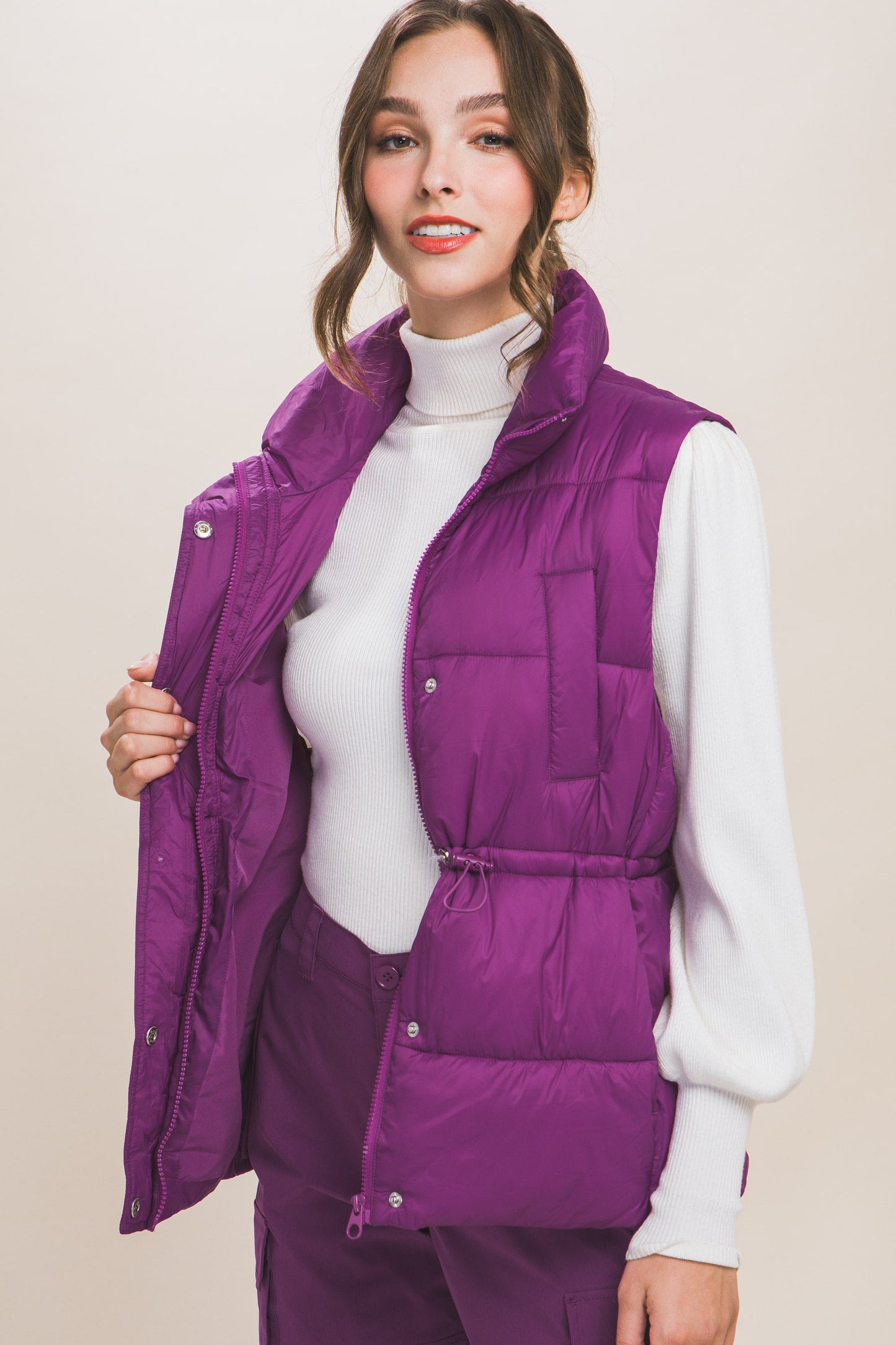 Gilet doudoune boutonné zippé avec bascules à la taille (5 couleurs)