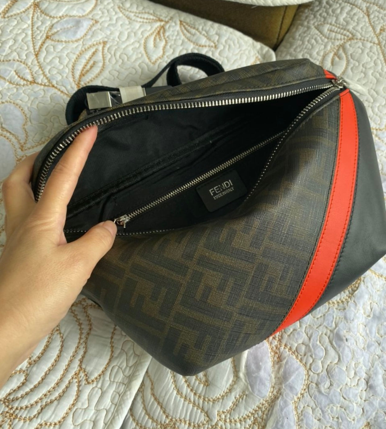 Sac Ceinture En Tissu à Motif FF Marron/Rouge