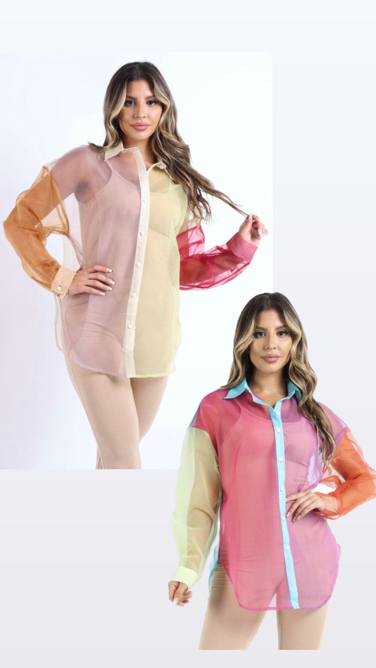 Vestido camisero de organza con cuello color block