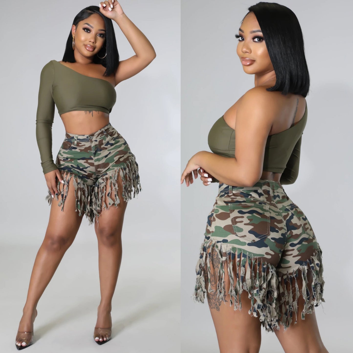 Short déchiqueté camouflage à franges