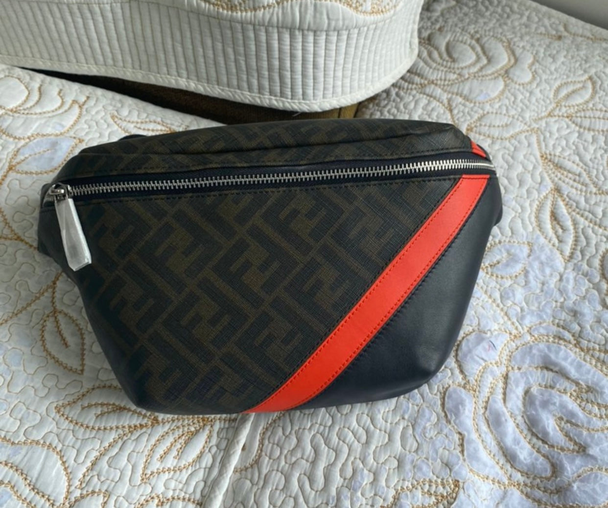 Sac Ceinture En Tissu à Motif FF Marron/Rouge