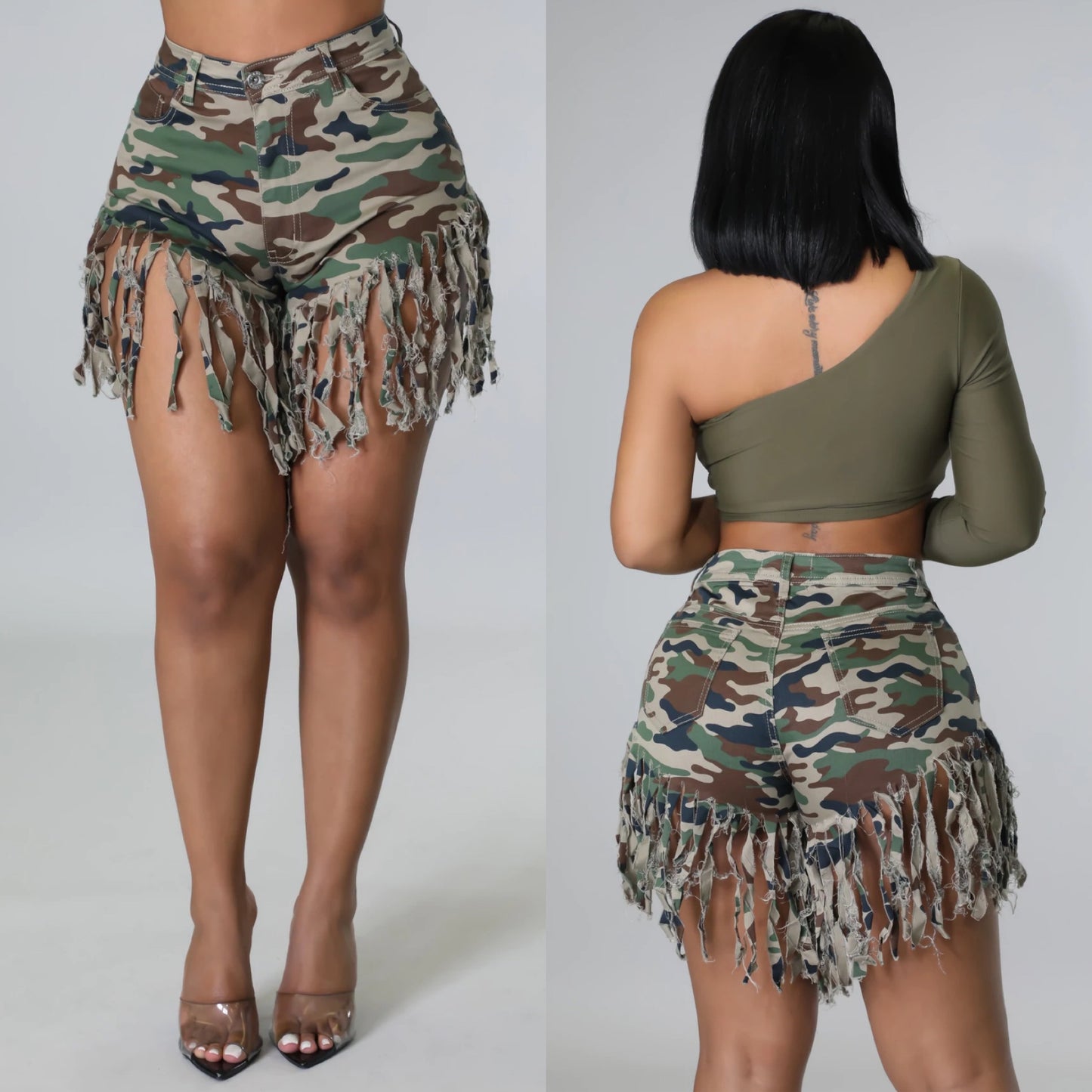 Short déchiqueté camouflage à franges