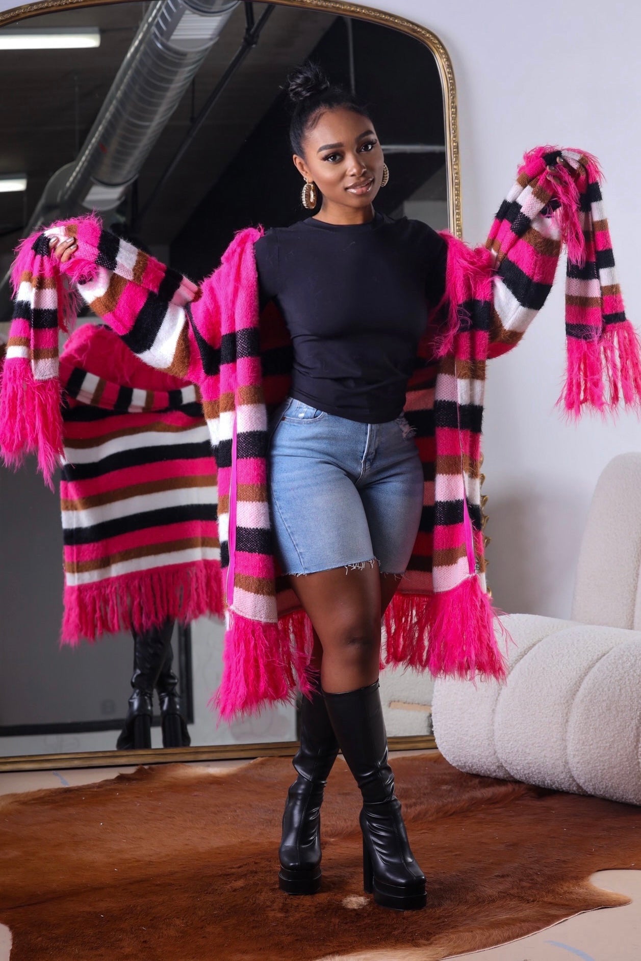 Striped Fringe Knit Cardigan + Scarf Set