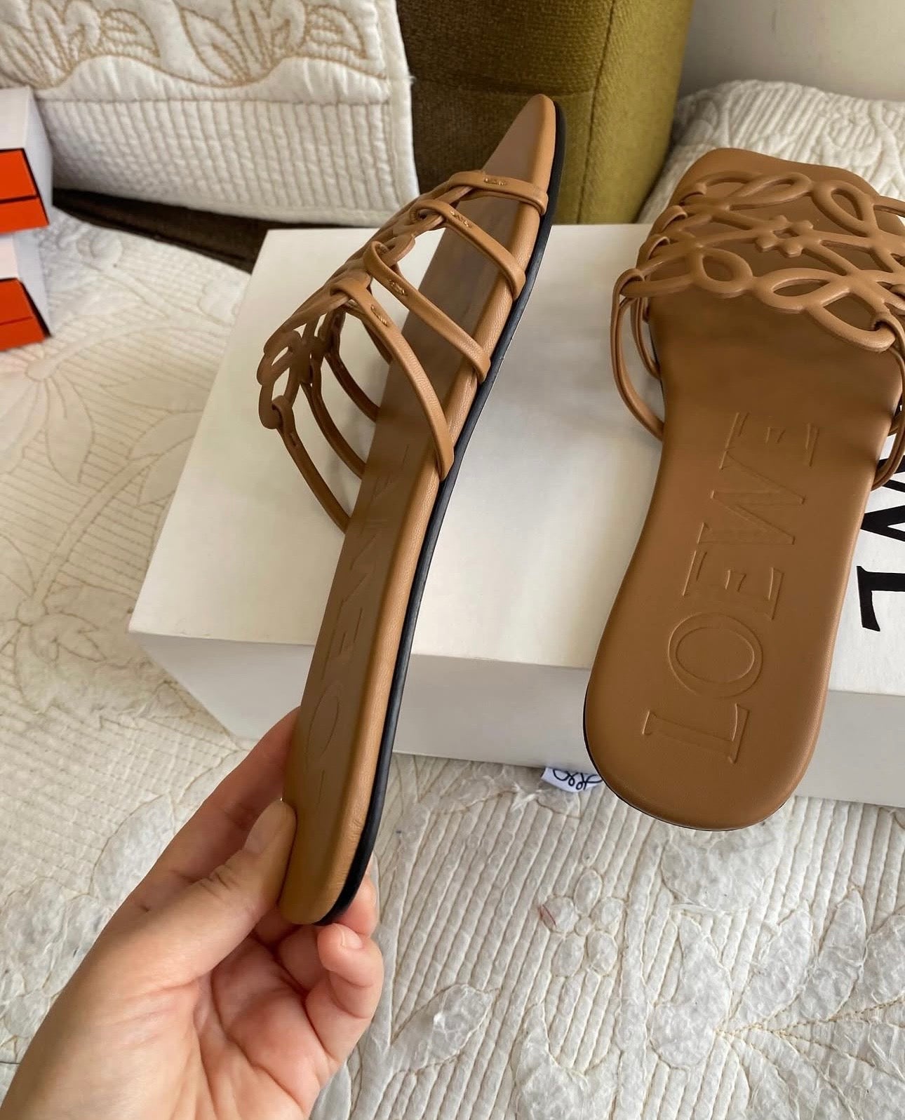 Camel Petal Leather Anagram Slide Sandals