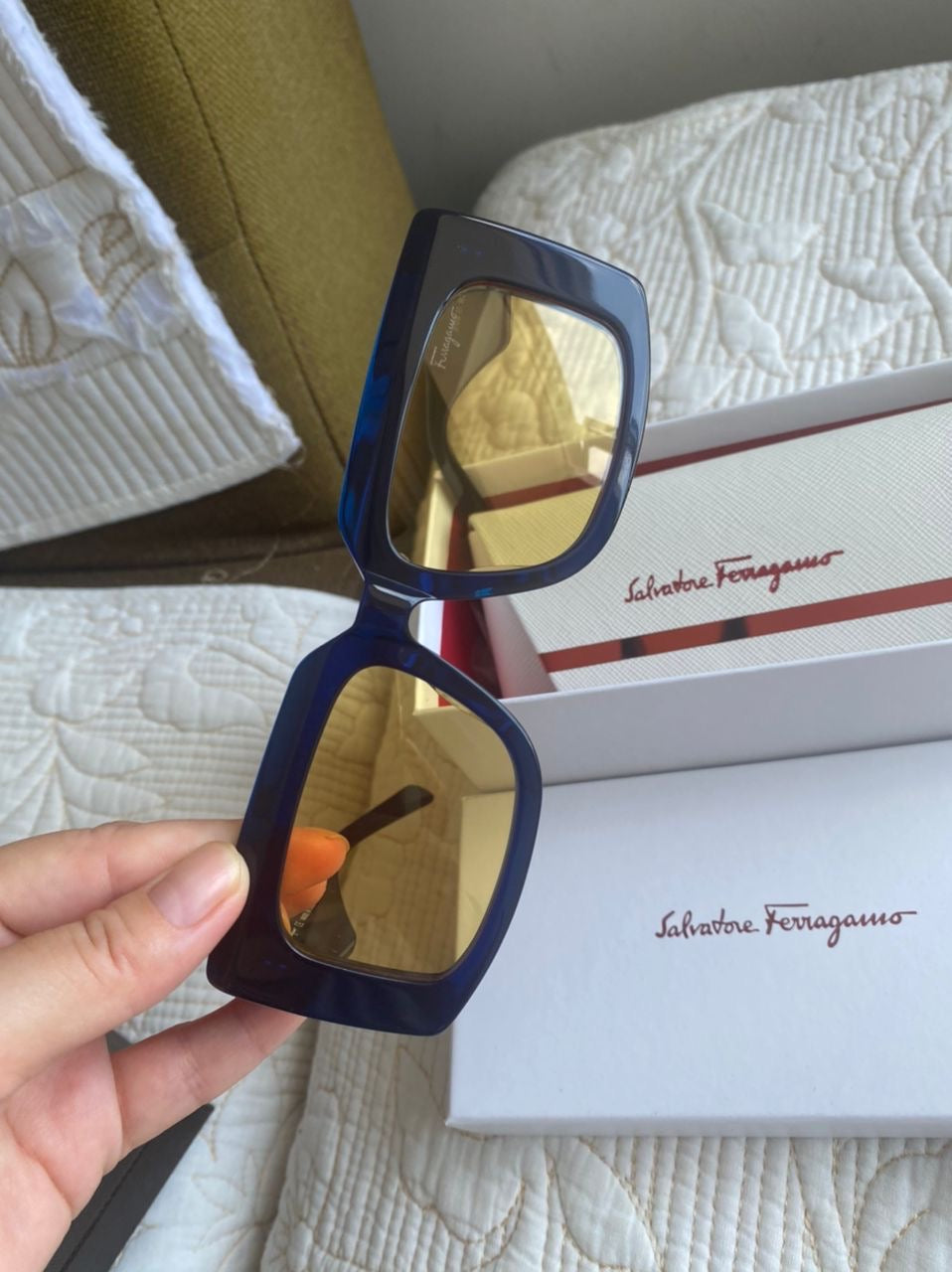 Blue Frame Yellow Lens Ferragamo Sunglasses