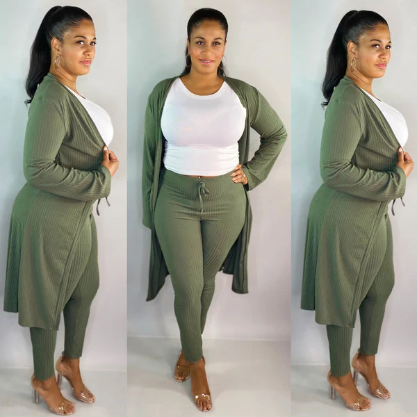 Plus Size | Rich Ribbed Long Cardigan & Leggings Set (6 Colors)