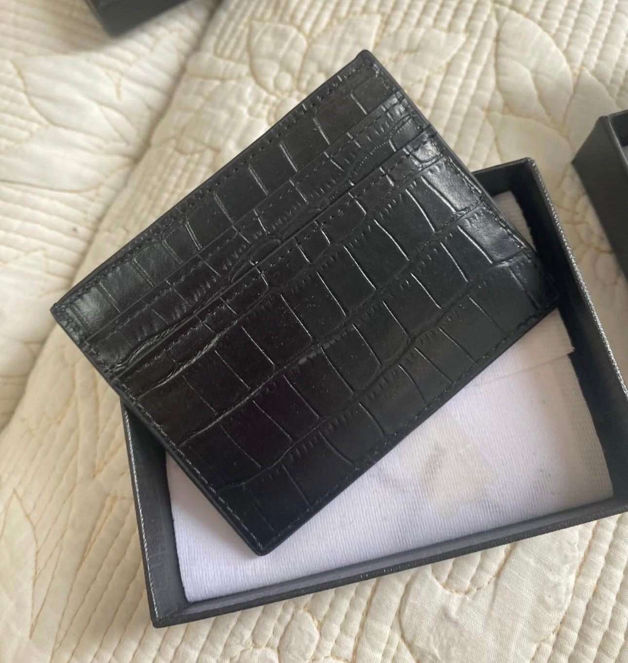 Cassandre Saint Laurent Card Case in Crocodile-Embossed Shiny Leather