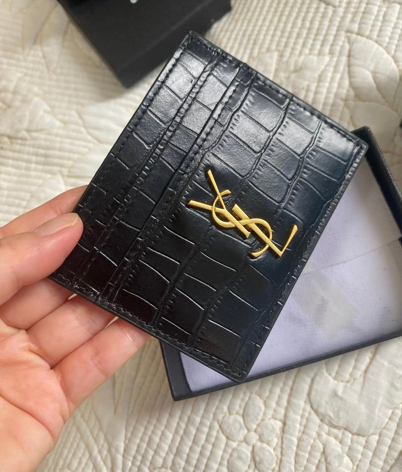 Cassandre Saint Laurent Card Case in Crocodile-Embossed Shiny Leather