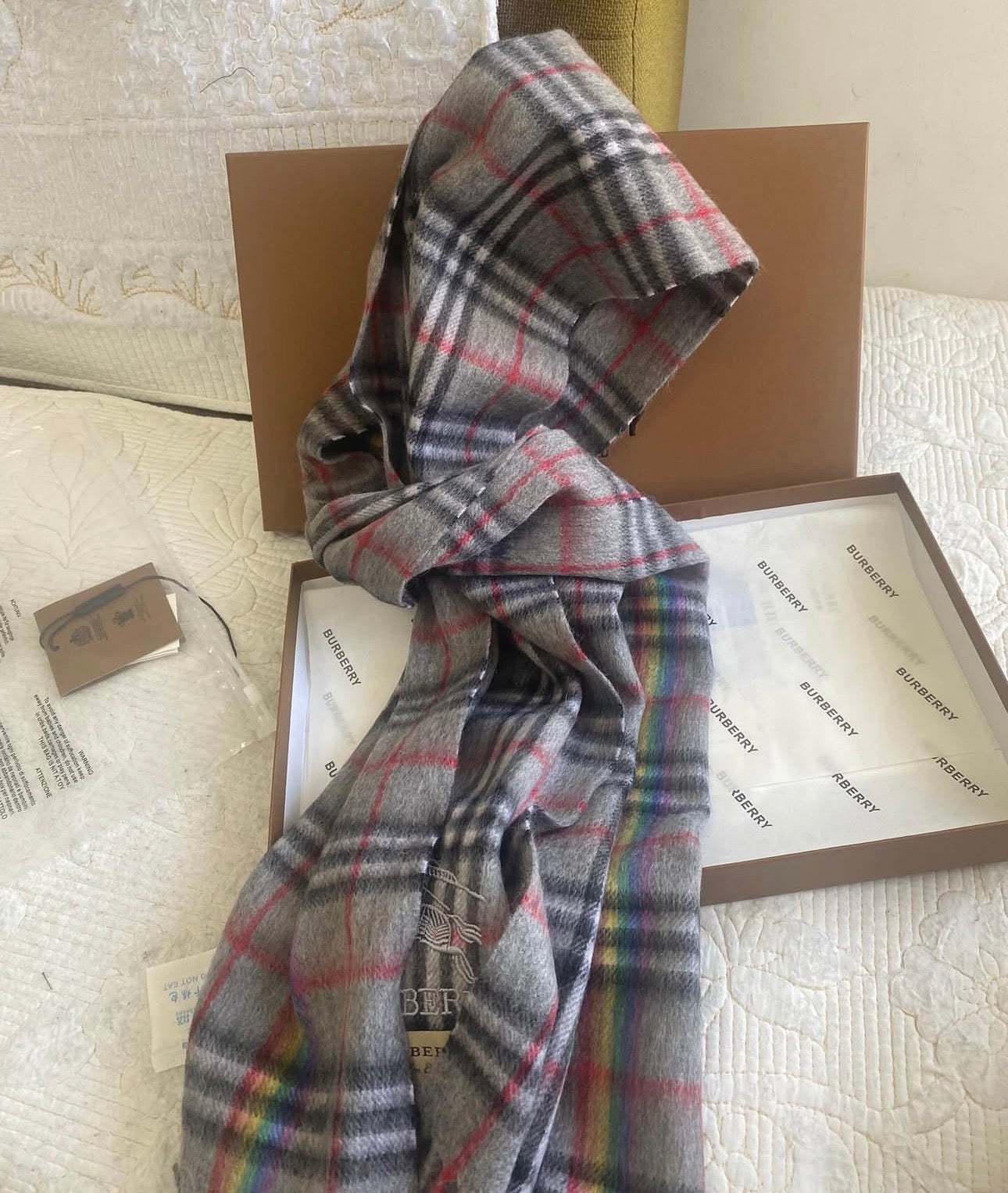 Gray Plaid Cashmere BB Scarf