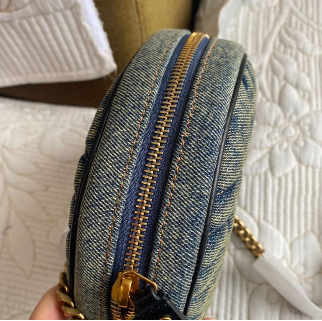 Saint Laurent Round Quilted Denim Crossbody Bag