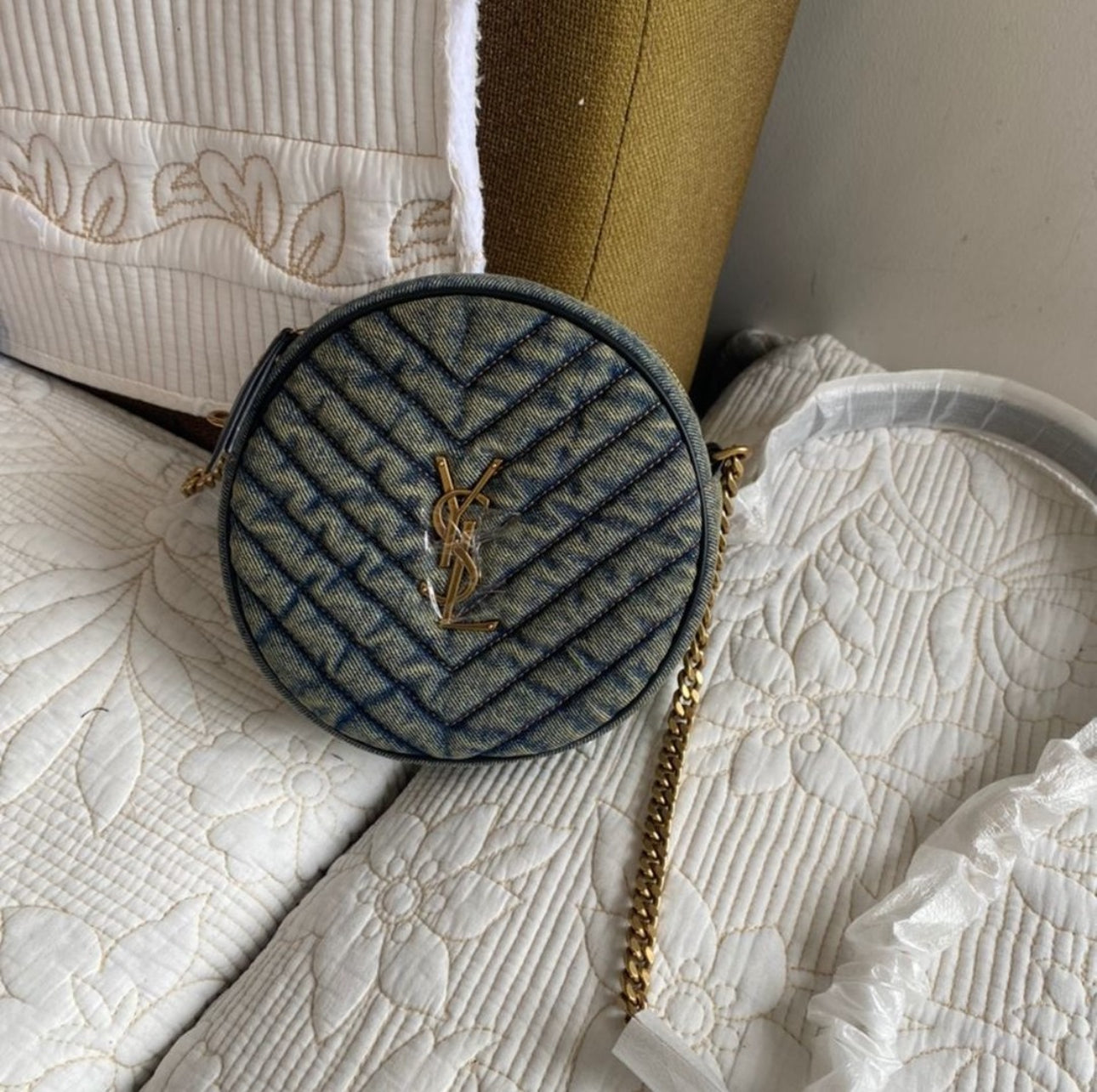 Saint Laurent Round Quilted Denim Crossbody Bag