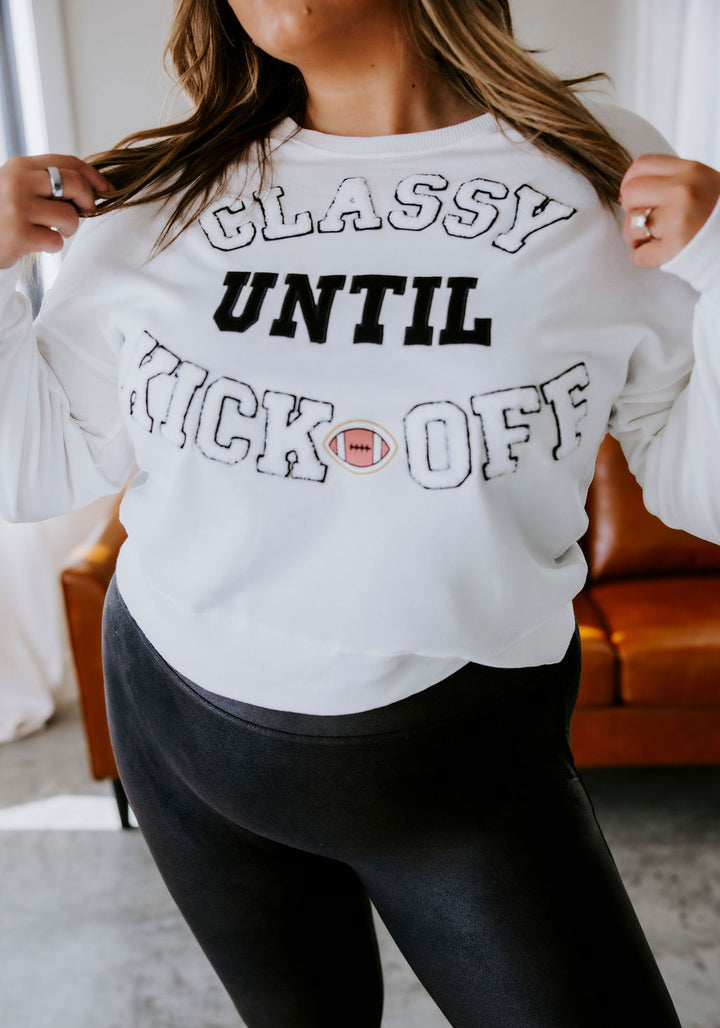 CLASSY UNTIL KICKOFF Plush Letter Patched Loose Sweatshirt
