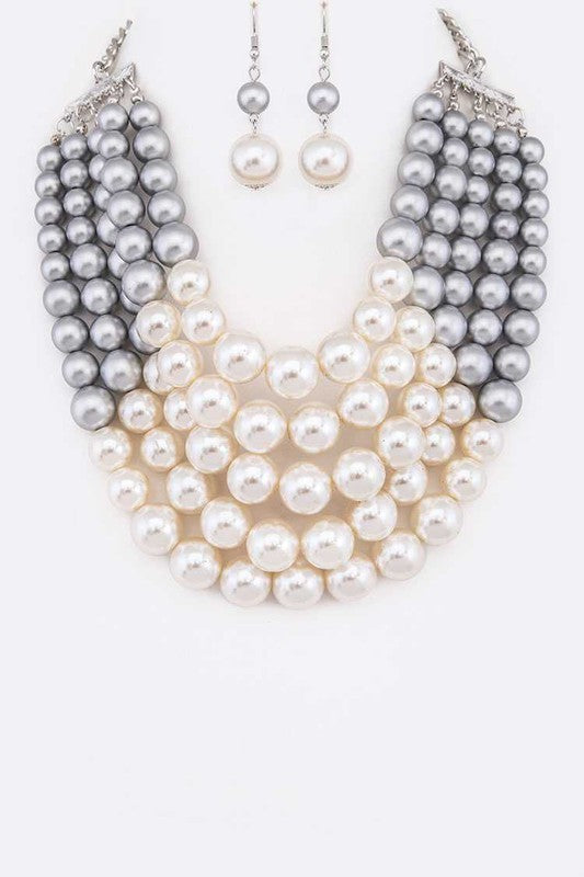 2 Tone Layered Pearls Strand Statement Necklace | Multiple Colors