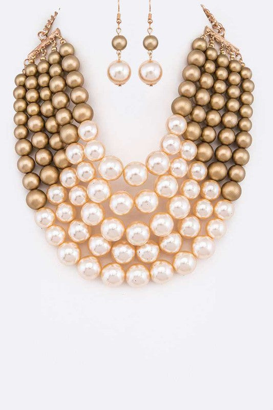 2 Tone Layered Pearls Strand Statement Necklace | Multiple Colors