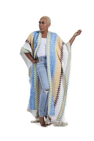 Knitted Cardigan With Bottom Tassels In White Blue Yellow Tan And Brown | Cardigan Kimono Duster