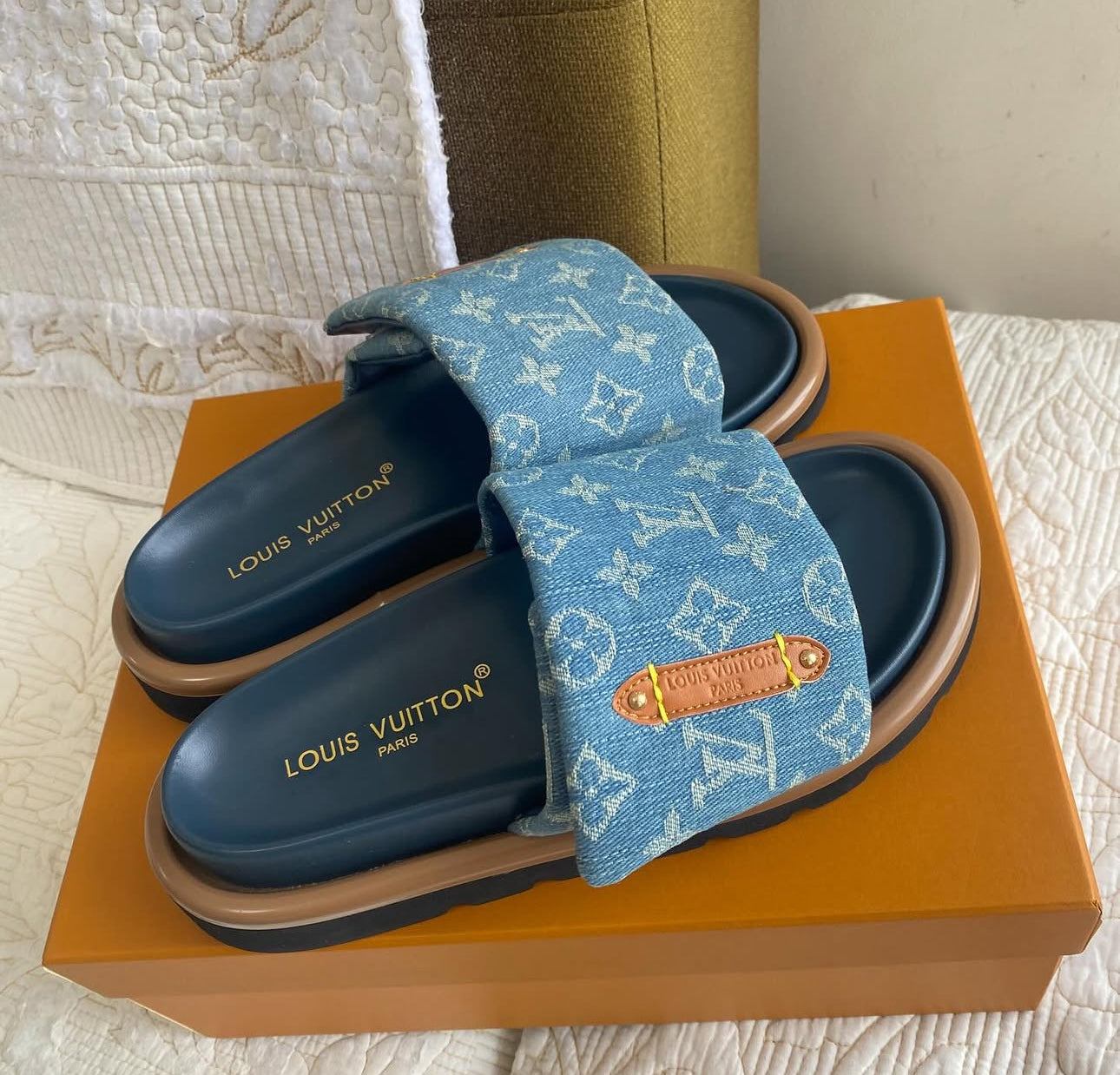 Monogram Denim Fanny Pack + Pillow Flat Comfort Mules