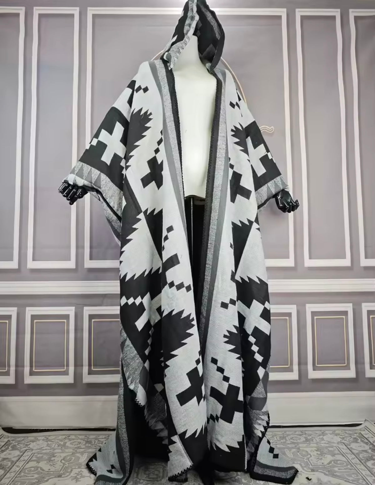 Hooded Gray & Black Kimono Cardigan -- Ships within 10-15 business days from order date