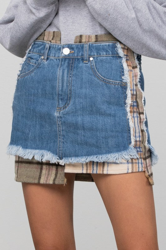 Plaid Checker Mini Denim Skirt
