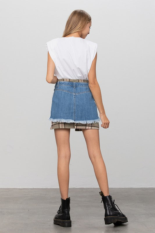 Plaid Checker Mini Denim Skirt
