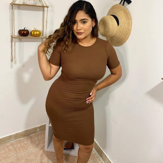 Plus Size Short Sleeved Ribbed Bodycon Midi Dress 1X 2X 3X
