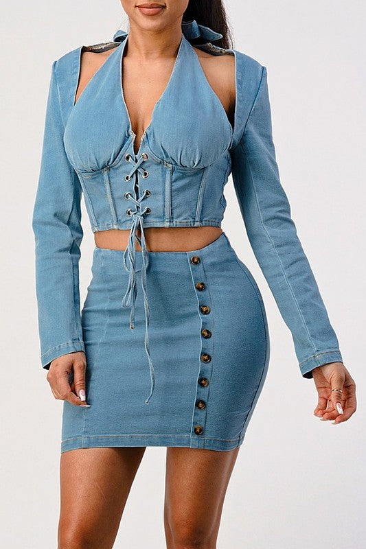 NEVER CROSS ME DENIM top and skirt set