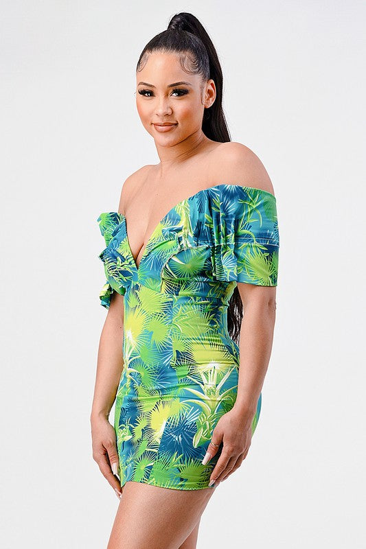 Neon garden off shoulder fitted dress
