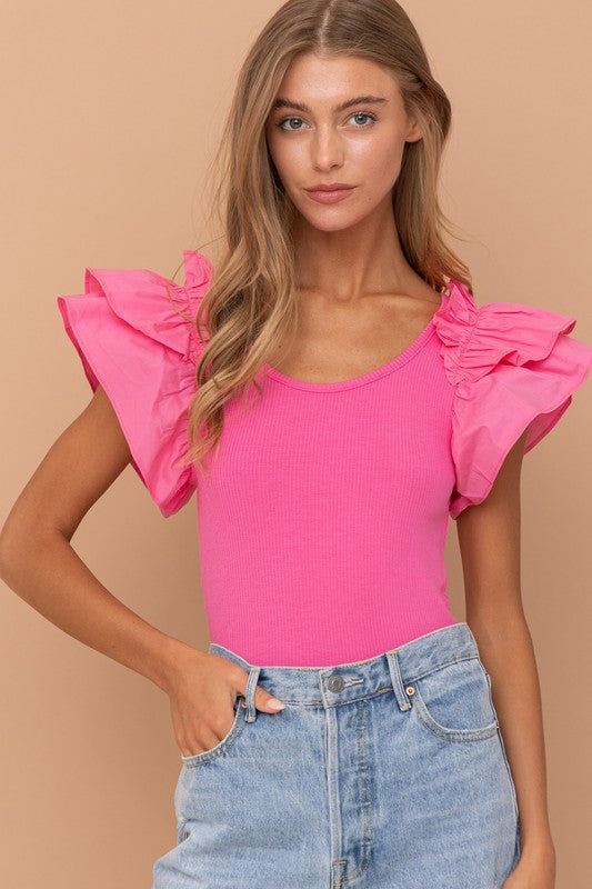 Shoulder Puff Ruffle Sleeve Bodysuit (3 Colors)