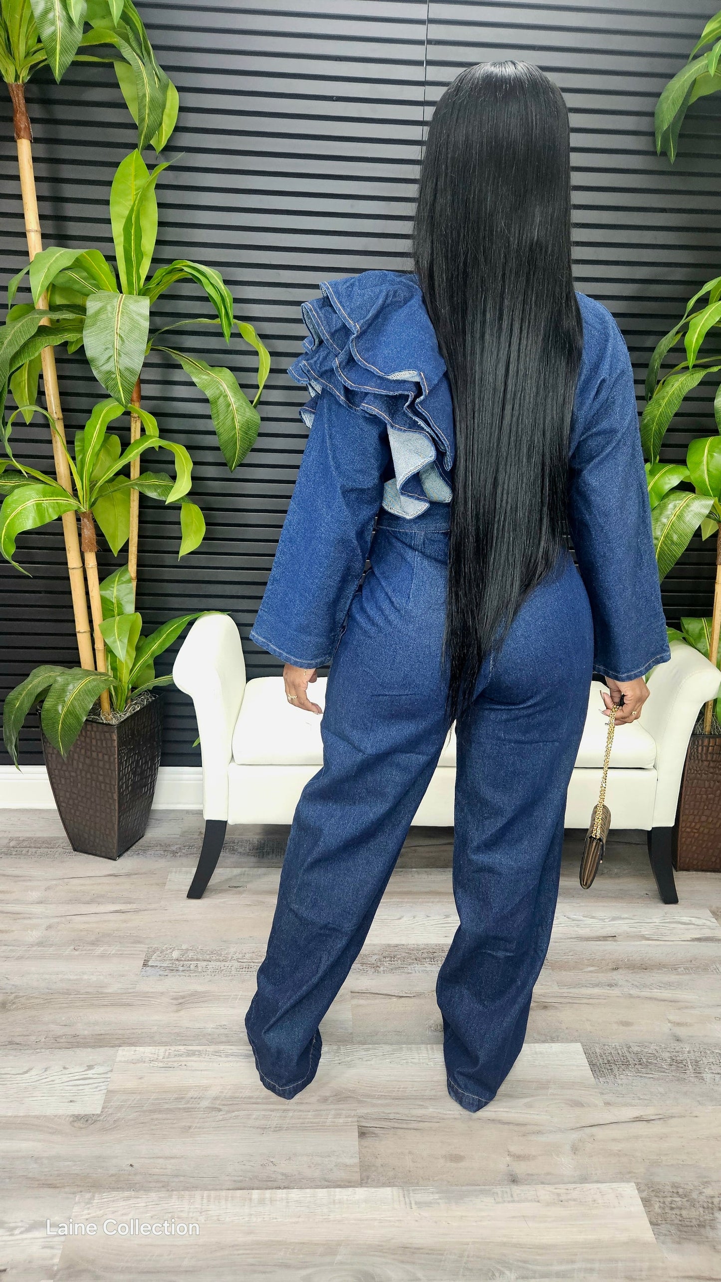 Dark Denim Ruffle Shoulder Jumpsuit SMALL MED LARGE