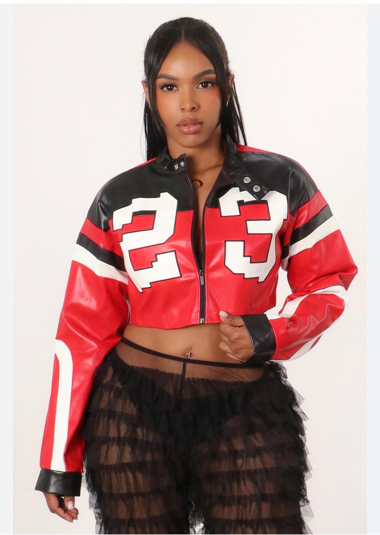 Cropped Moto Biker Jacket - Red